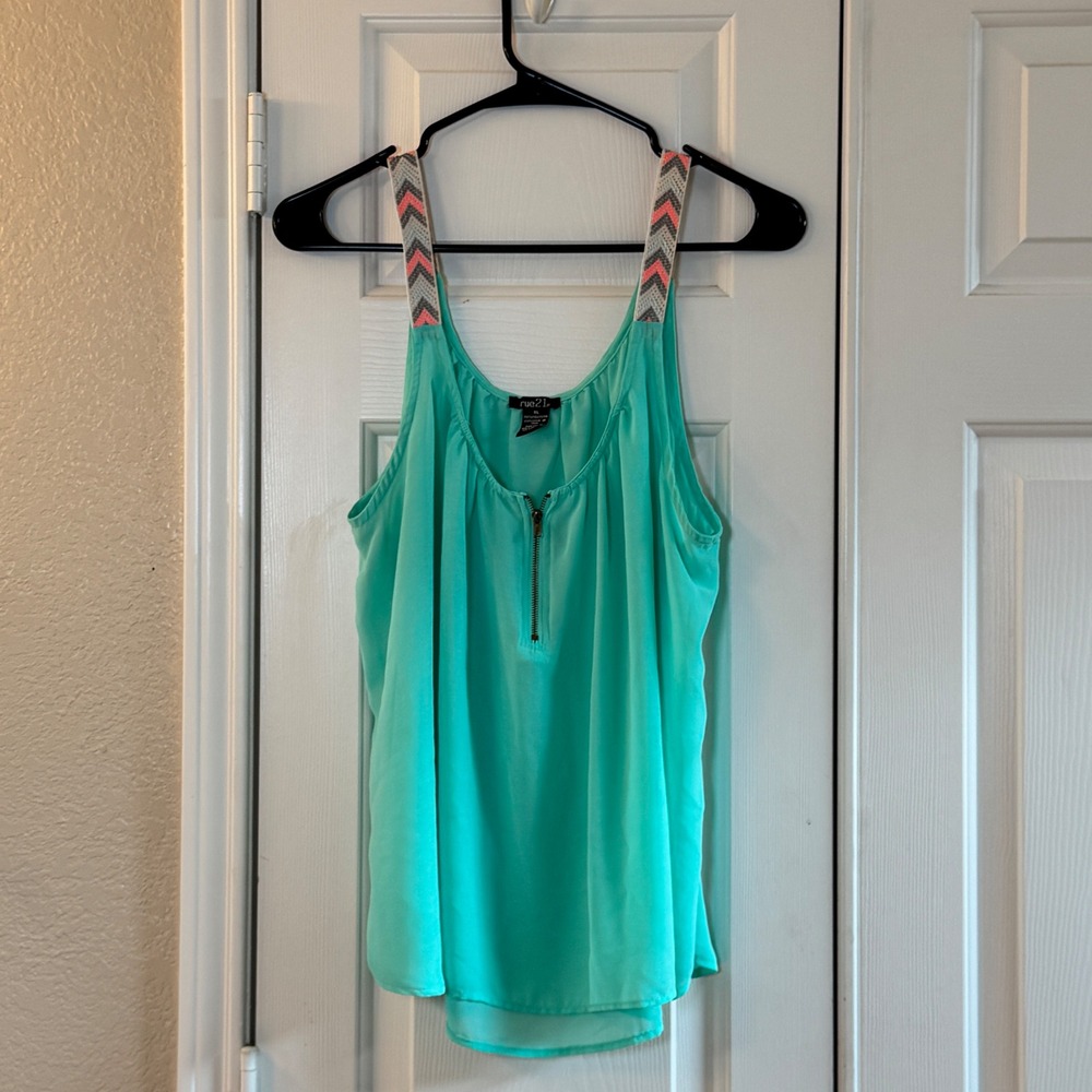 Rue21 Turquoise Womens Flowy Tank Top with Arrow Stitches Straps and 3/4 Zipper